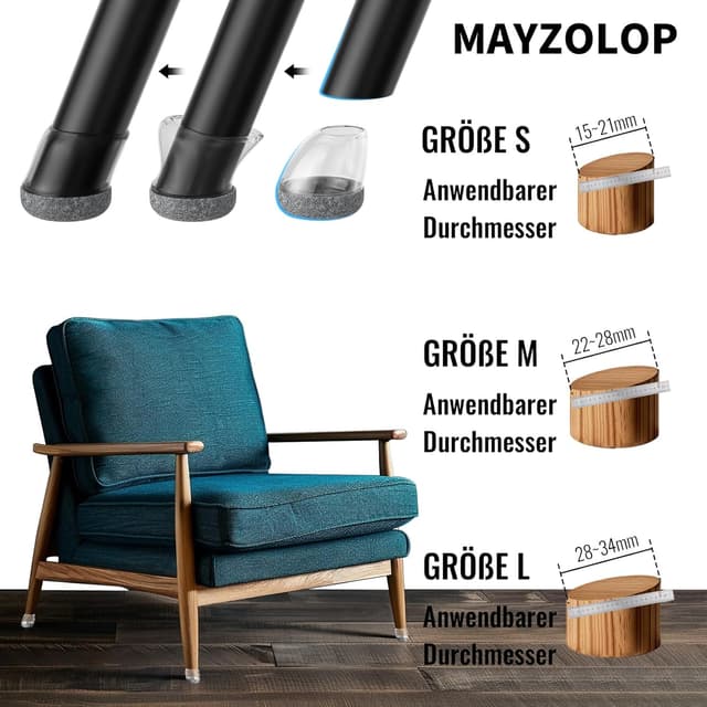 Detalle de MAYZOLOP 16 Stück Stuhlbeinkappen für schräge Stuhlbeine (Ø26–33 mm) mit grauem Filz