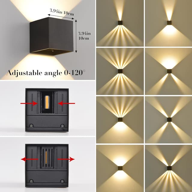 Detalle de SANSHI LED 12W applique murale extérieur 2 pack 3000K noir IP65, angle de faisceau réglable