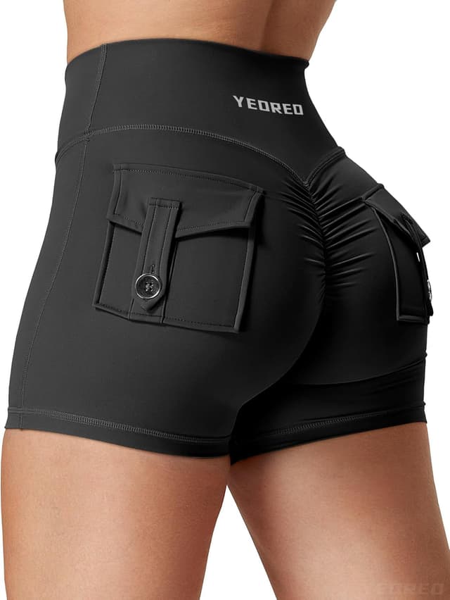 Detalle de YEOREO CoreFlex Scrunch Workout Shorts with Pockets (High-Waisted Biker Shorts for Women)