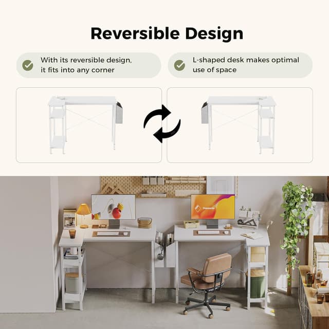 Detalle de Mericonia Small L-Shaped Desk with Power Outlets, 140x70 cm (White) with Reversible Shelves