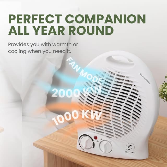 Detalle 2 de Coselena 2kW Electric Fan Heater with Thermostat, Frost Watch & Cooling Function (White)