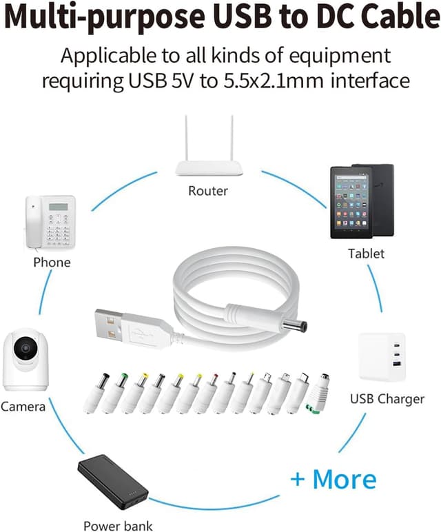 Detalle de USB-auf-DC-5V Adapterkabel 1,5 m mit 5,5×2,1-mm Hohlstecker (Universal, weiß)