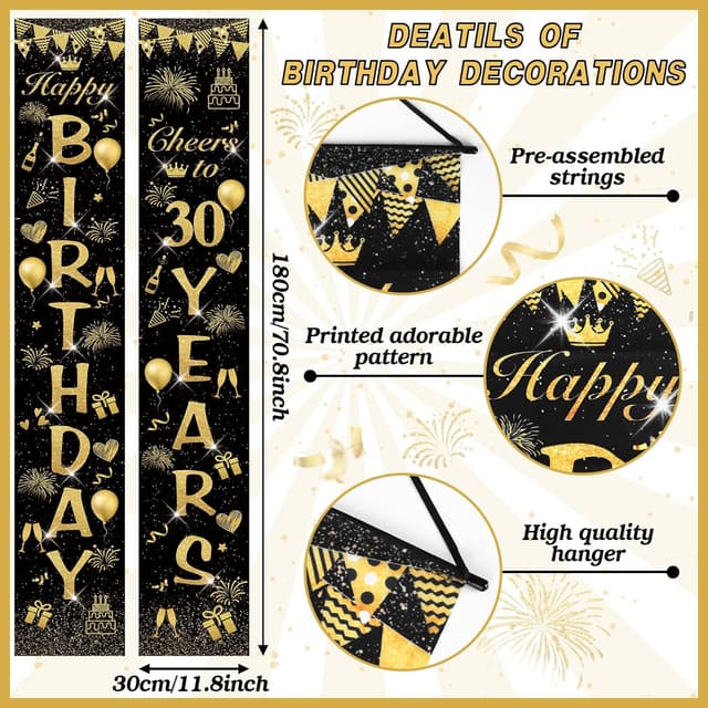 Detalle de Décoration anniversaire 30 ans noir et or : ballons, bannière “Joyeux Anniversaire” et accessoires