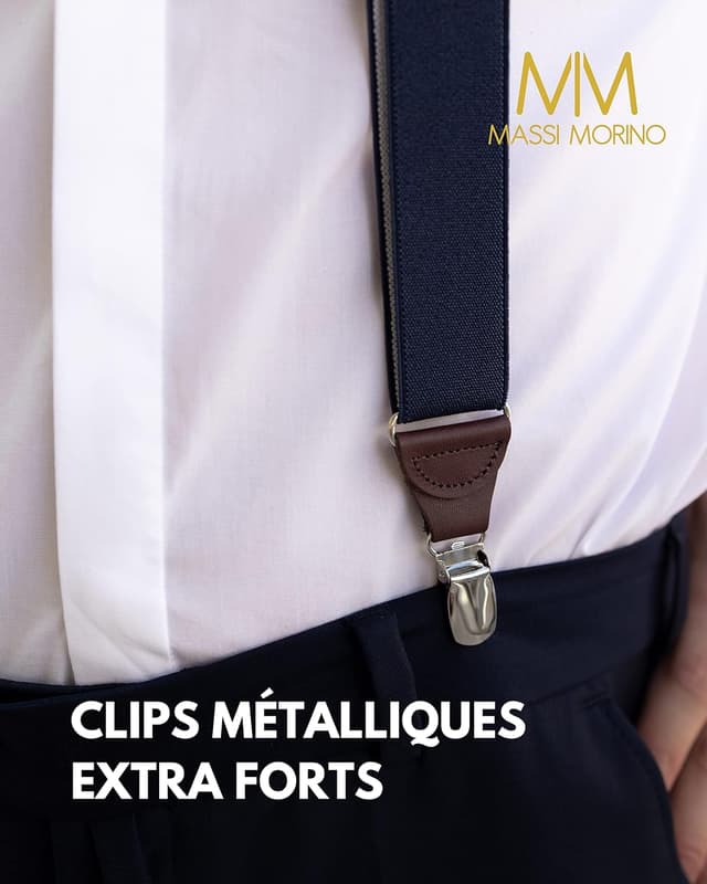 Detalle de Massi Morino Bretelles hommes en cuir véritable (forme Y) largeur 3,5 cm, clips métalliques extra-forts