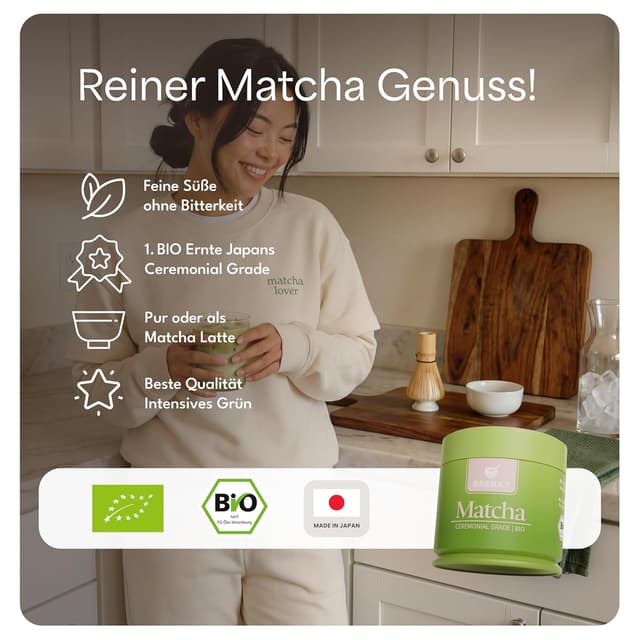 Detalle 2 de BREKKY Matcha Set – Bio Grüntee aus Japan (Pulver, Bambusbesen & Chashaku) in Geschenkverpackung