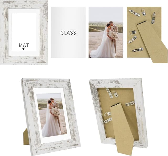 Detalle 2 de Hongkee 5x7 Picture Frame Set of 4 (Real Glass, Distressed White Wooden Frame) for Wall or Tabletop