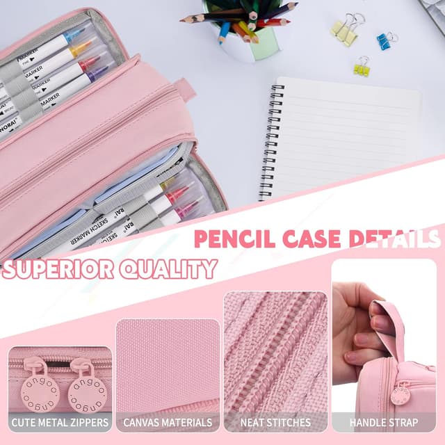 Detalle de Howala Large Capacity Pencil Case with 4 Compartments (Pink) – canvas pen pouch for school and travel
