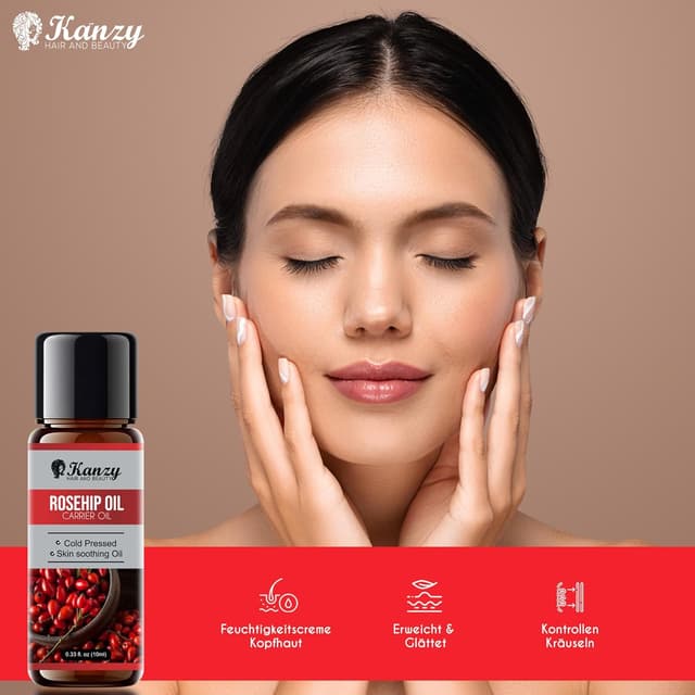 Detalle de Kanzy Hagebuttenöl für das Gesicht (10 ml) – kaltgepresst, vegan & tierversuchsfrei