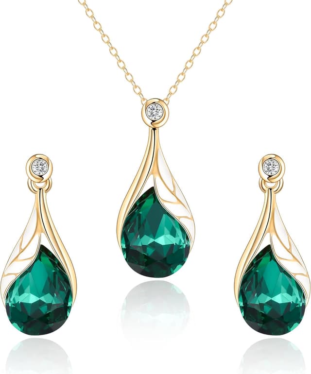 Detalle de Parure bijoux de mariage Clearine : collier goutte d’eau, boucles d’oreilles feuille, émail, cristal autrichien et strass