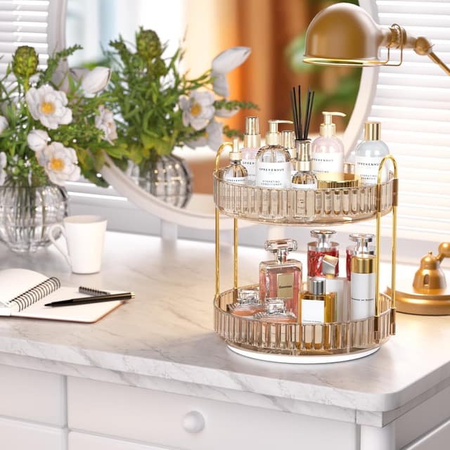 Detalle de MOACC 2-Tier Rotating Makeup & Skincare Organiser with 360° Swivel Base (Gold)