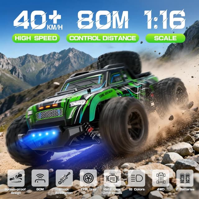Detalle de BAZADER Voiture Télécommandée Tout Terrain 1:16 4x4 2,4 GHz avec lumières RVB et 2 batteries rechargeables