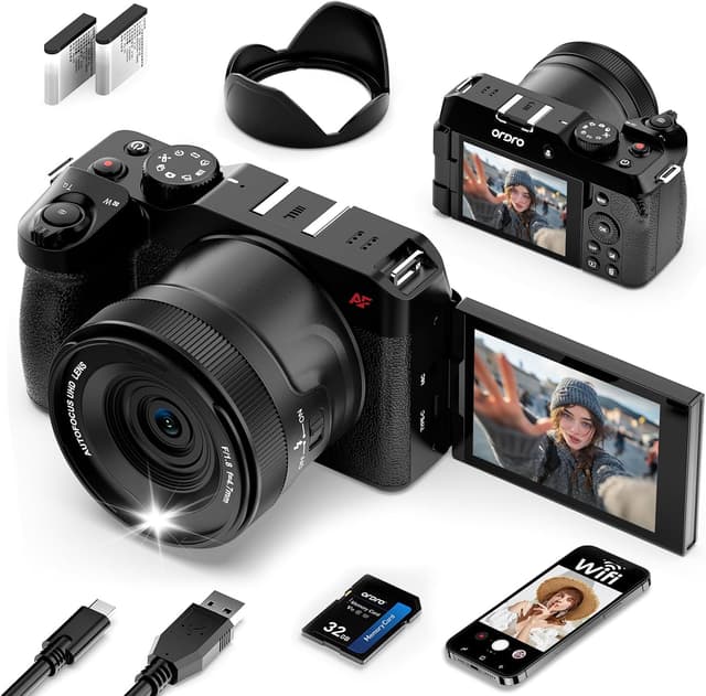Detalle de ORDRO D130 5K Digital Camera with 80MP Photos, 18X Zoom, 270° Flip Screen, WiFi & 32GB SD card