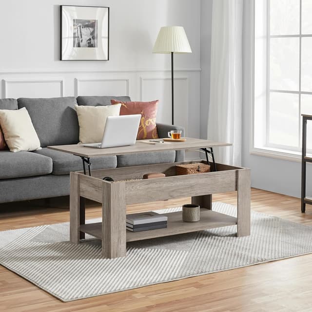 Detalle 2 de Yaheetech mesa centro elevable con estante gris 120x59 cm