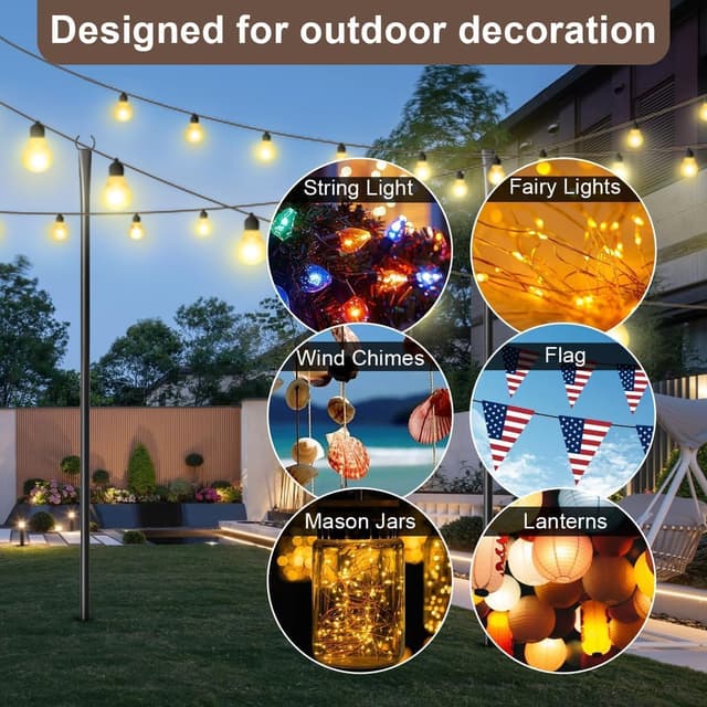 Detalle de HoldOneLight 8 Pack Outdoor Light Poles (9.8FT) with Ground Stake & Fork Hooks for String Lights