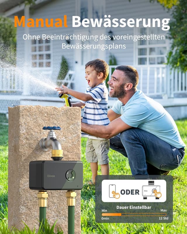 Detalle 2 de Diivoo WLAN-Bewässerungscomputer mit 2 Ausgängen, Messinganschlüssen und 12 Zeitplänen (APP/Alexa/Google, Regenverzögerung)
