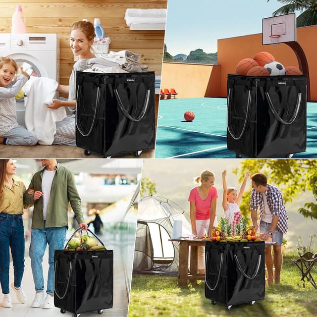 Detalle de (Large, Black) Reusable Rolling Grocery Bag on 5 Wheels with Zipper, 72L Foldable Tote