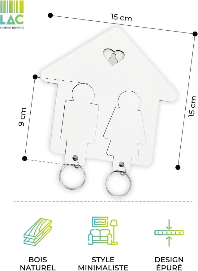 Detalle 2 de Porte-clés couple en bois LAC « Porte Clé Couple » – maison avec 2 personnages et 2 anneaux