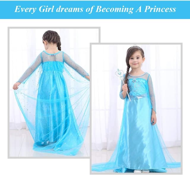 Detalle 2 de URAQT Princess Dress Up Costume for Girls – blue deluxe fancy dress with accessories
