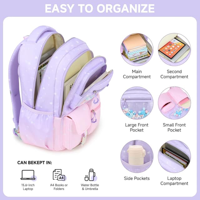 Detalle de Amythe Zainetto Bambina ergonomico riflettente 20L per scuola elementare e media (rosa-viola) con ciondoli