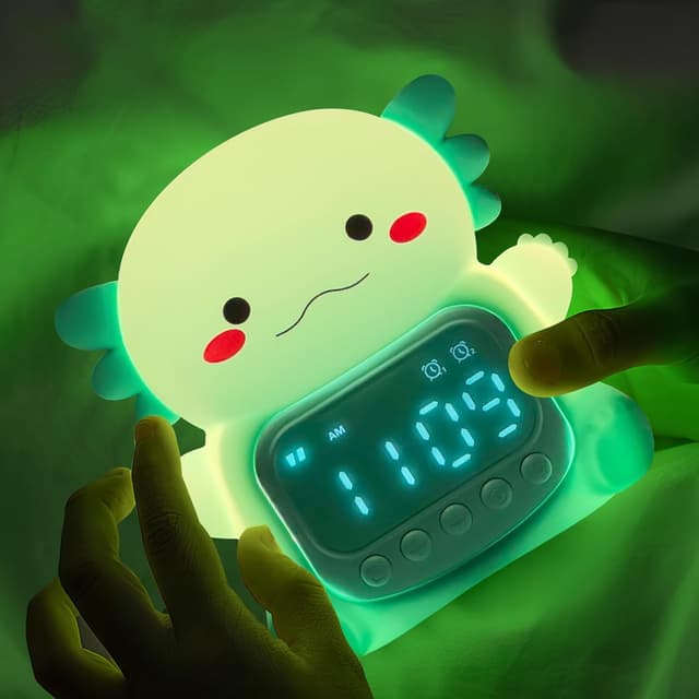 Detalle de Yiliaw Axolotl Alarm Clock with Night Light for Kids (Green) with USB Recharge