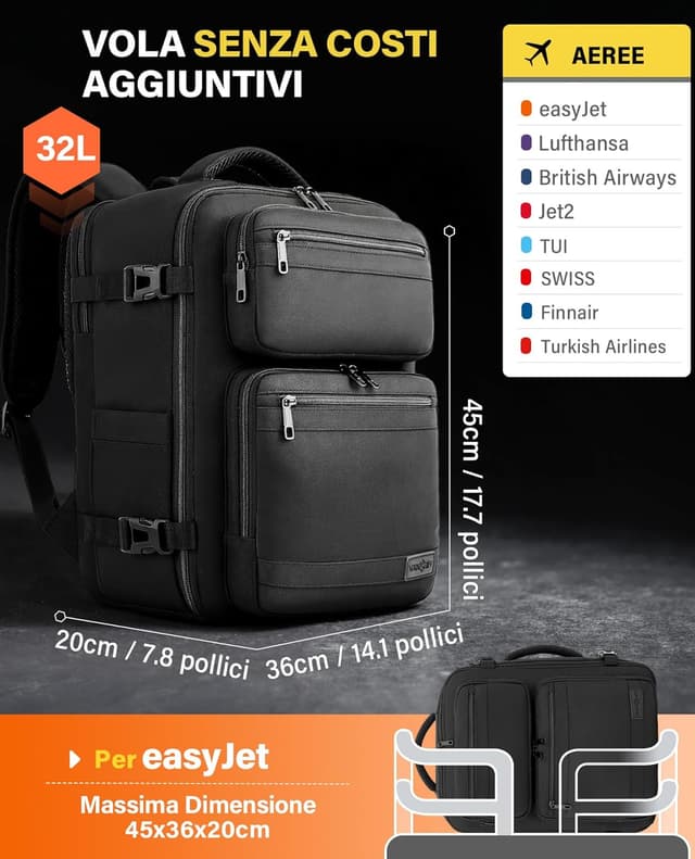 Detalle 2 de Zaino da cabina VANKEV EasyJet Lufthansa British Airways Jet2 45x36x20 cm (32L) con tasca laptop fino a 15,6" nero