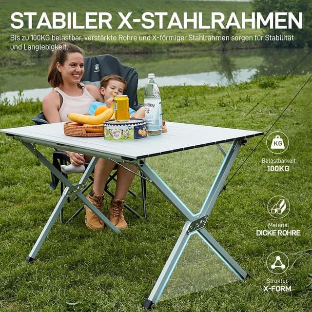 Detalle de EVER ADVANCED klappbarer Campingtisch aus Aluminium 120 x 70 cm (bis 100 kg Belastung) mit Tragetasche