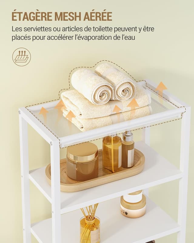 Detalle 2 de Hzuaneri meuble de salle de bain blanc avec 2 portes, étagère ouverte et plateau métallique aéré (20 x 38 x 90 cm) BC42903WV1