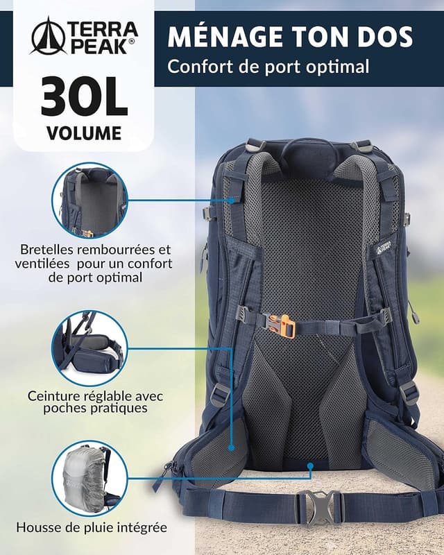 Detalle 2 de Terra Peak® sac à dos de randonnée 20/30/40 L avec dos ventilé (Dynamic Air Flow) — pour homme et femme