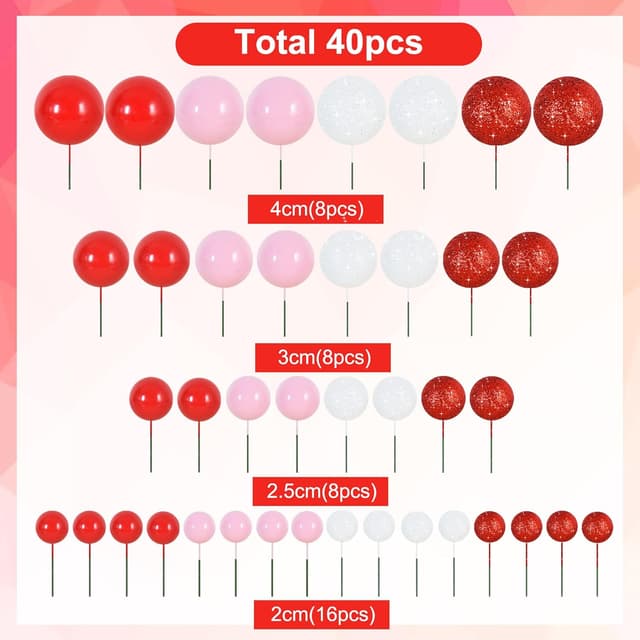 Detalle de RIBBOOO 40-piece ball cake topper set with foam balls and wire stems (red, pink & white)