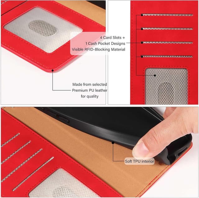 Thumbnail 6 de GOTOURED for Samsung Galaxy A36 5G Wallet Case with RFID blocking, 4 card slots and kickstand strap folio (Red)