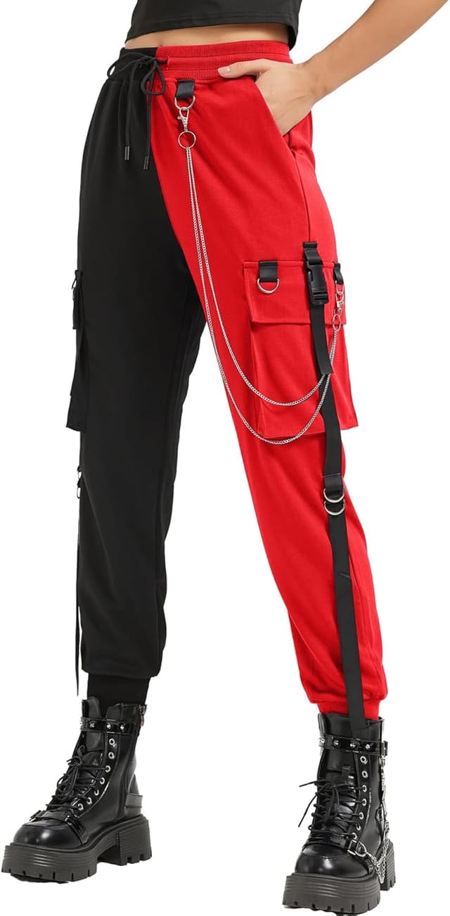 Detalle de MEINVQIAOTI Damen Retro Cargo – weite Cargo-Hose im Retro-/Punk-Look mit Ketten-Details