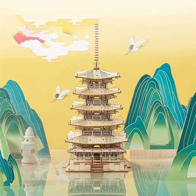 Detalle 2 de Rolife Puzzle 3D Pagoda de 5 Pisos 🏯 Juego de Construcción Decorativo