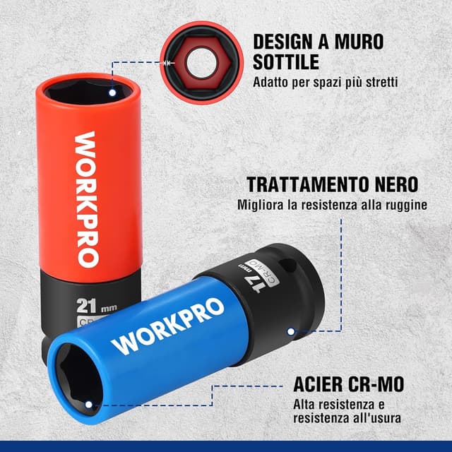 Detalle de WORKPRO Set bussole bulloni ruota 1/2" (17/19/21 mm) con protezione, 3 pezzi, parete sottile Cr-Mo