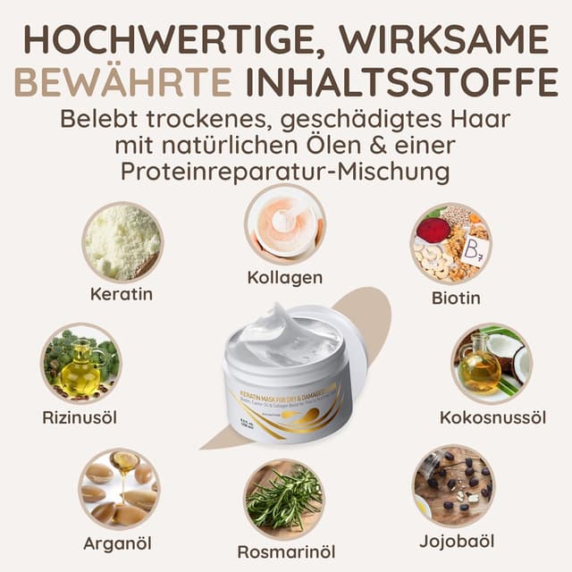 Detalle de Vitamins Keratin Haarmaske & Haarkur mit Biotin, Rizinusöl, Kollagen und Kokosöl – Deep Conditioner für trockenes, strapaziertes Haar