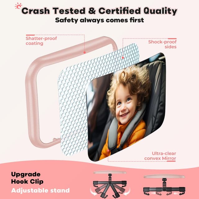 Detalle 2 de Mirrorsafe Baby Car Mirror Pink – rear-facing baby seat mirror with 360° rotation and shatterproof view