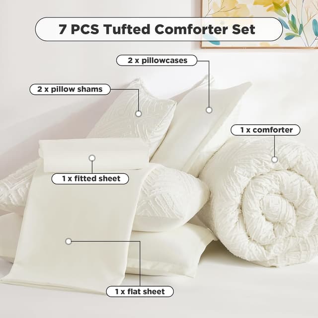 Detalle 2 de Andency Oversized King Comforter Set (7-Piece) in Ivory Boho Tufted Bedding “Bed in a Bag”