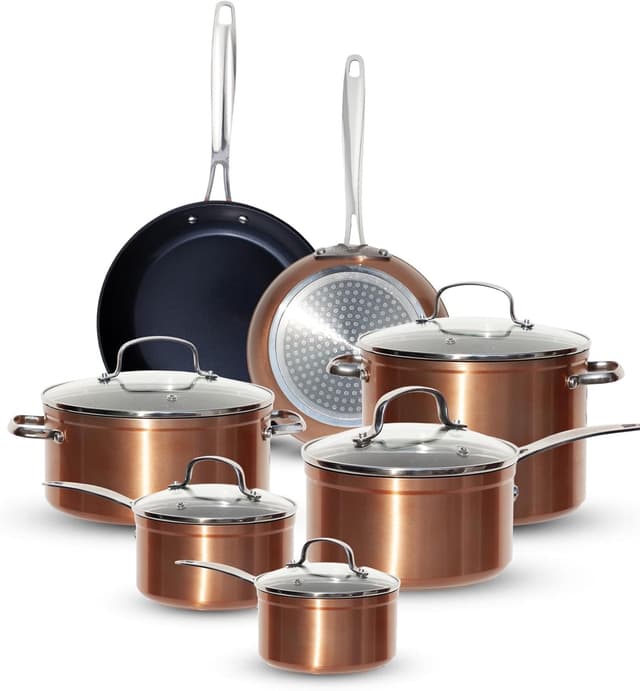 Detalle de Nuwave Healthy G11 Non Stick Pots and Pans Set (G11-Pots and Pans) with Glass Lids, Copper