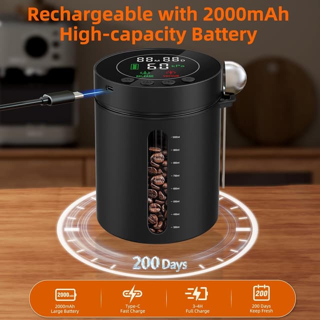 Detalle 2 de Automatic Vacuum Coffee Canister (1.3L) with Smart Pressure Sensor, LED Window & Rechargeable Battery