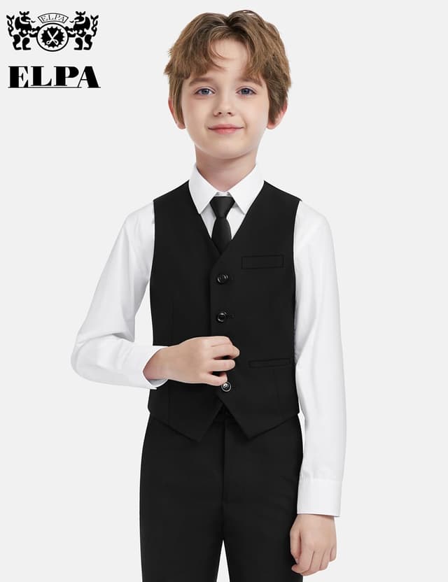 Detalle de ELPA Boys’ Formal Suit Vest Set with Suspenders (Shirt, Lined Vest, Pants, Pre-Tied Tie)