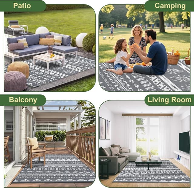 Detalle de MOKANI Large Outdoor Rug for Patio Waterproof (240x300 cm) – Reversible, Foldable Boho Garden Rug