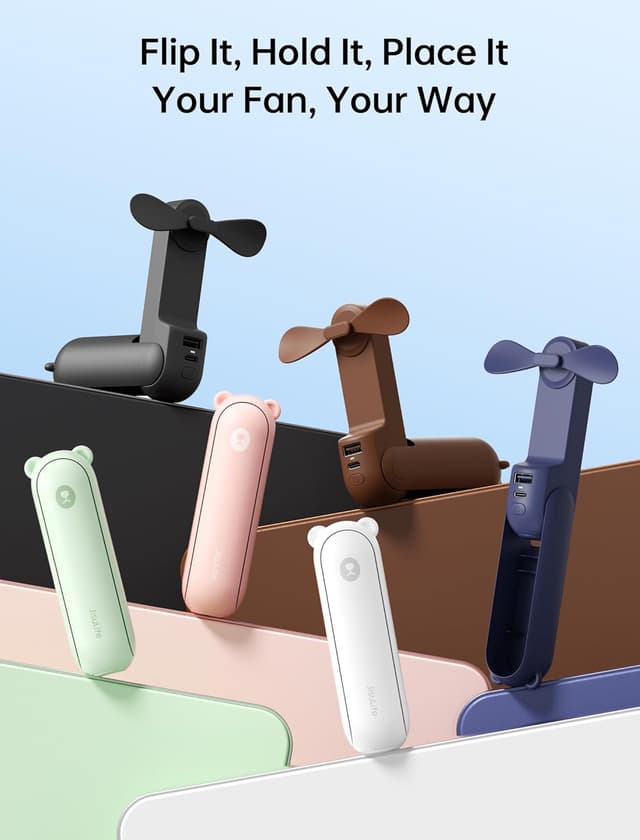 Detalle de JISULIFE Mini Handventilator 3‑in‑1 mit USB-Ladung, Powerbank & Taschenlampe