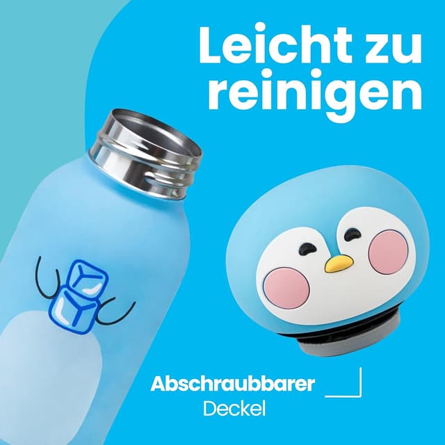Detalle de Cartomania Trinkflasche aus Edelstahl (350 ml) mit Silikondeckel – türkis mit Pinguin