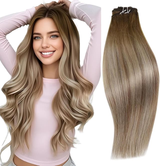 Detalle de RUNATURE Extension Capelli Veri Tessitura Balayage 12 pollici (30 cm) castano scuro mix