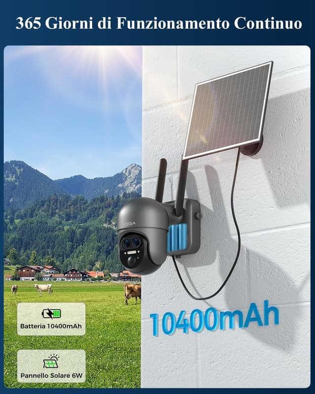 Detalle de Xega 4G LTE telecamera esterna con SIM, zoom 12X 2K, pannello solare e visione notturna a colori