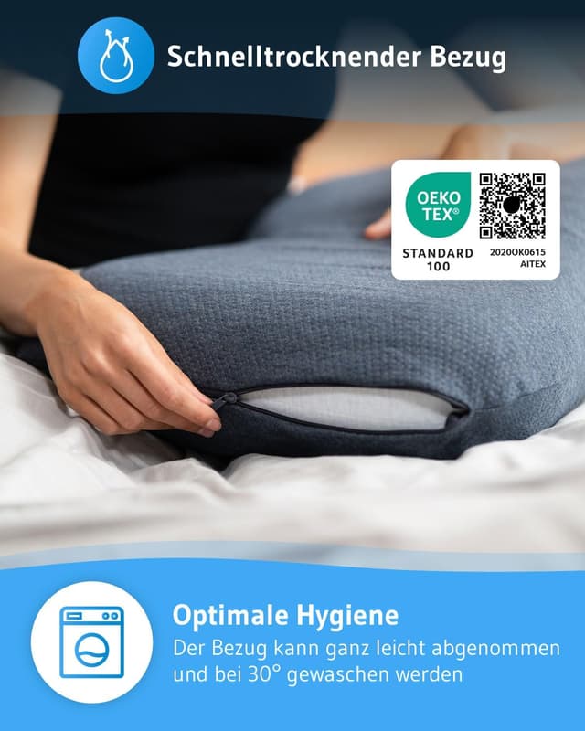 Detalle 2 de NuMOON Nacken-Kissen QuickDry mit Memory-Foam-Wellnesskern (55x40x12 cm) für Seitenschläfer & Rückenschläfer