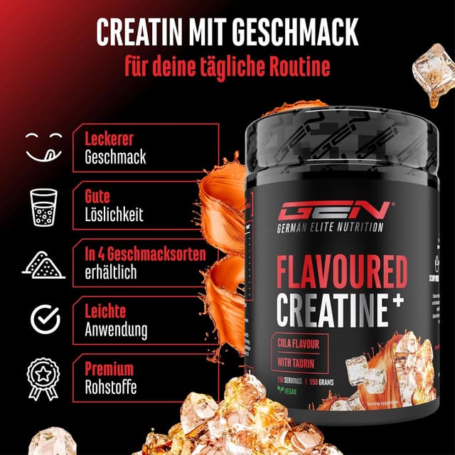 Detalle de Flavoured Creatine Pulver (550 g) – Creatin Monohydrat + L-Taurin, mikronisiert, vegan (Cola)
