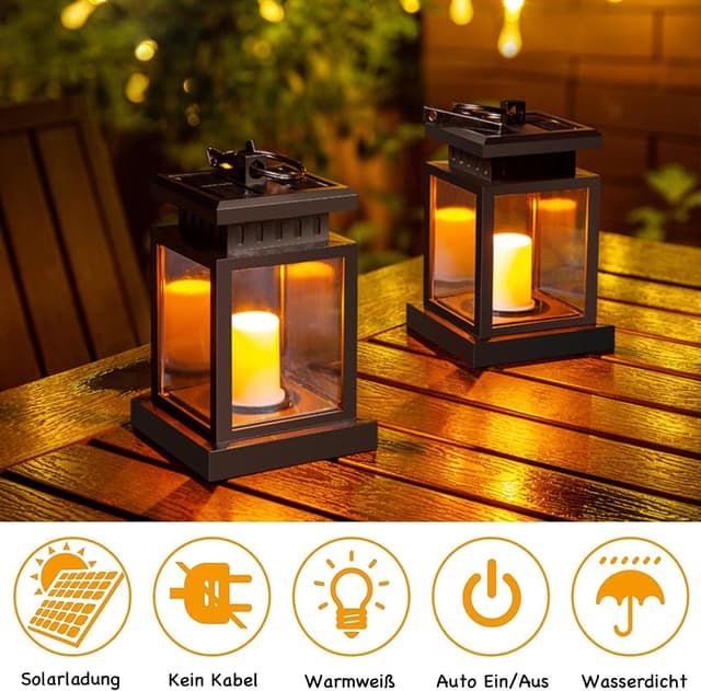 Detalle de Tceapoo Solar-Laterne außen mit LED-Kerze (2er-Set) – wasserdicht, warmweißes Flackern für Balkon, Terrasse & Garten
