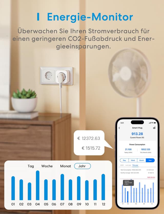 Detalle de Meross Smart-Steckdose mit Verbrauchsmessung (16A) – Bluetooth/WLAN, Alexa & Google Home, Zeitschaltuhr, für Balkonkraftwerk (2er-Set)