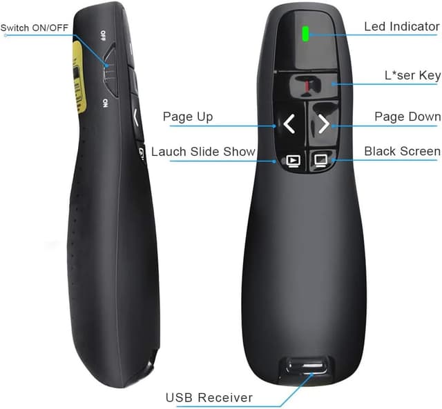 Detalle 2 de VOVIGGOL Puntatore Presentazioni Wireless 2 in 1 USB/Tipo-C (plug & play) con telecomando per PowerPoint