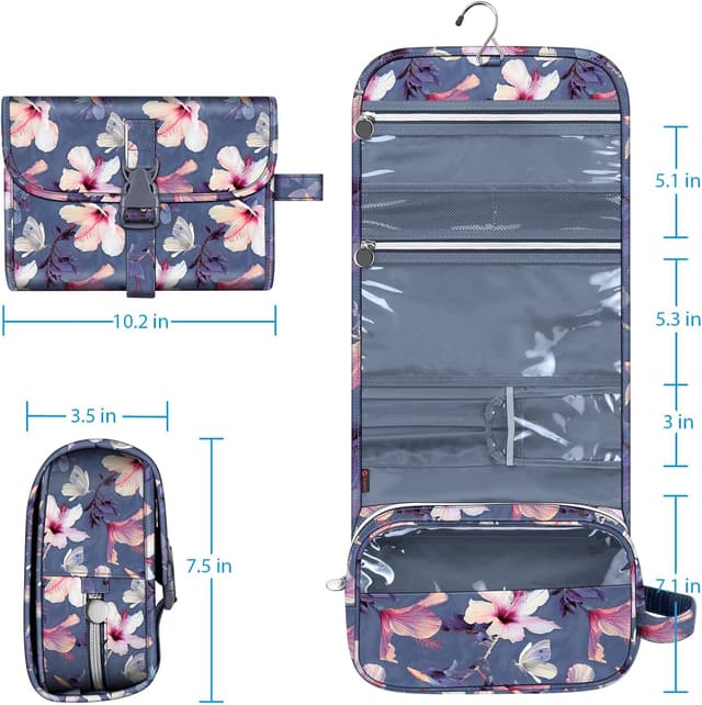 Detalle 2 de Portable Toiletry Travel Wash Bag by FINPAC (Large) – Water-Resistant Hanging Cosmetic Organiser, Blooming Hibiscus